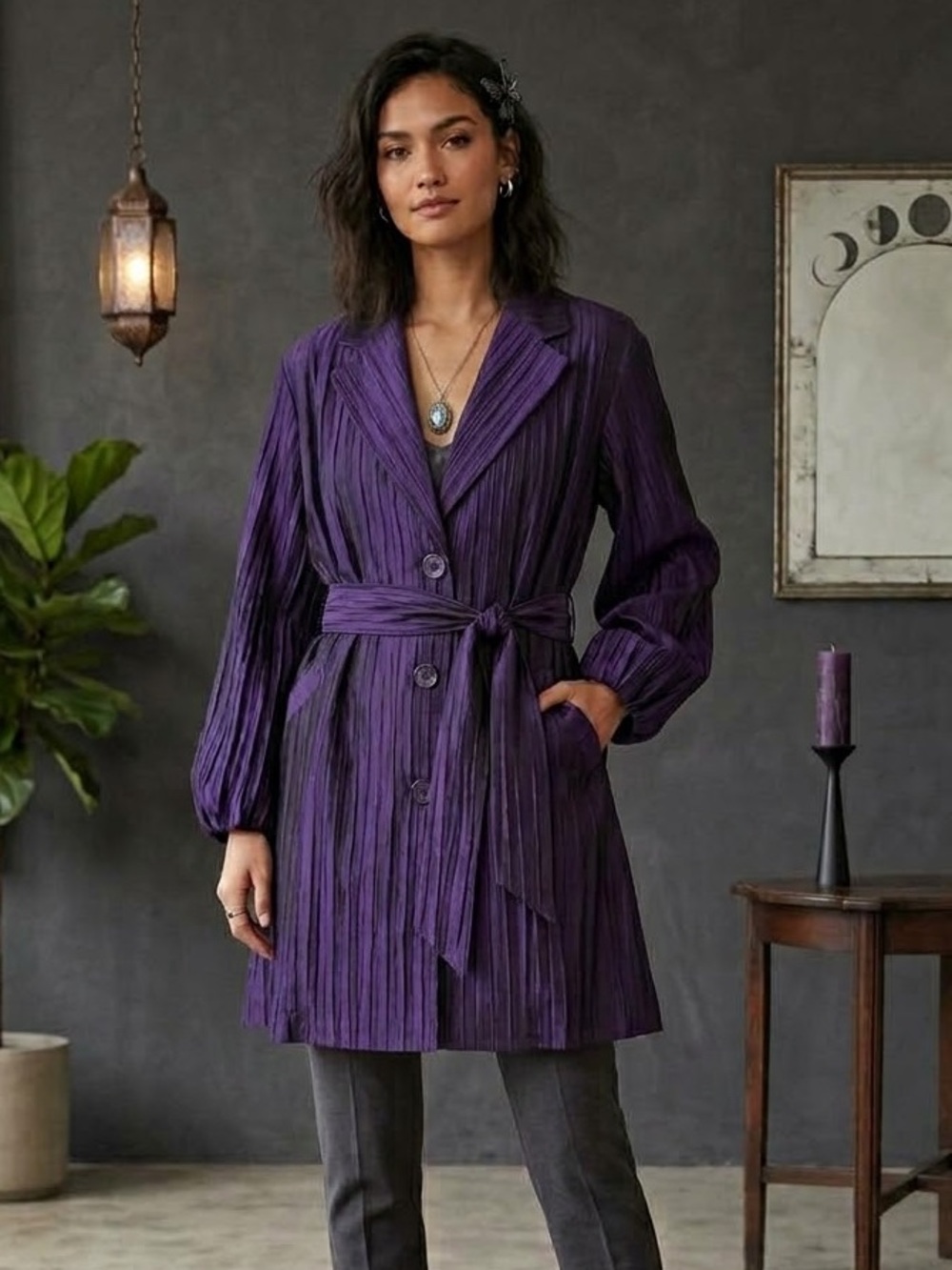 Vintage Iridescent Dark Purple Pleated Tie Waist Trench Jacket Whimsigoth